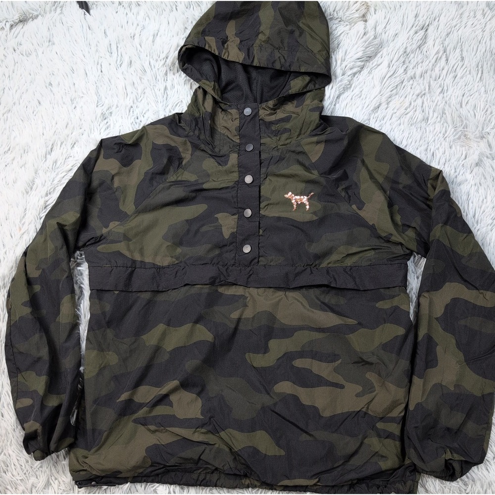 Pink Victoria's Secret Jacket Womens XS Camo Windbreaker Pocket Packable Sparkly